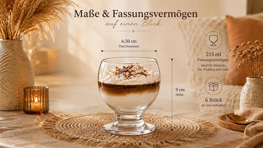 Dessertgläser 6er Set – 215 ml Eisschalen-Kelchgläser – Ideal für Eis, Desserts, Cocktails & kalte G
