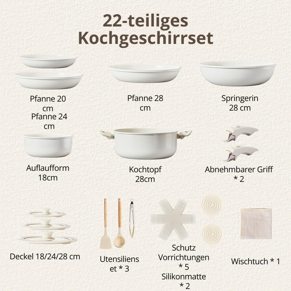 LEADZM Keramik Topfset Induktion，Pfannenset，Kochtopf Set mit Deckel，Induktions Töpfe Set，22-Teilig，A