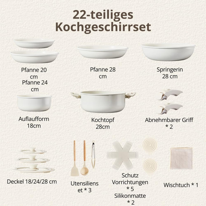 LEADZM Keramik Topfset Induktion，Pfannenset，Kochtopf Set mit Deckel，Induktions Töpfe Set，22-Teilig，A