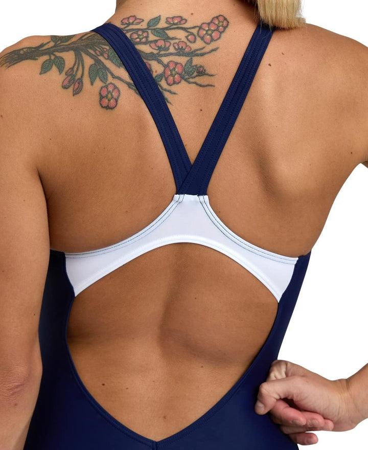 ARENA Damen W Threefold V Back One Piece R One Piece Swimsuit 34 Navy-neon Blue-white, 34 Navy-neon