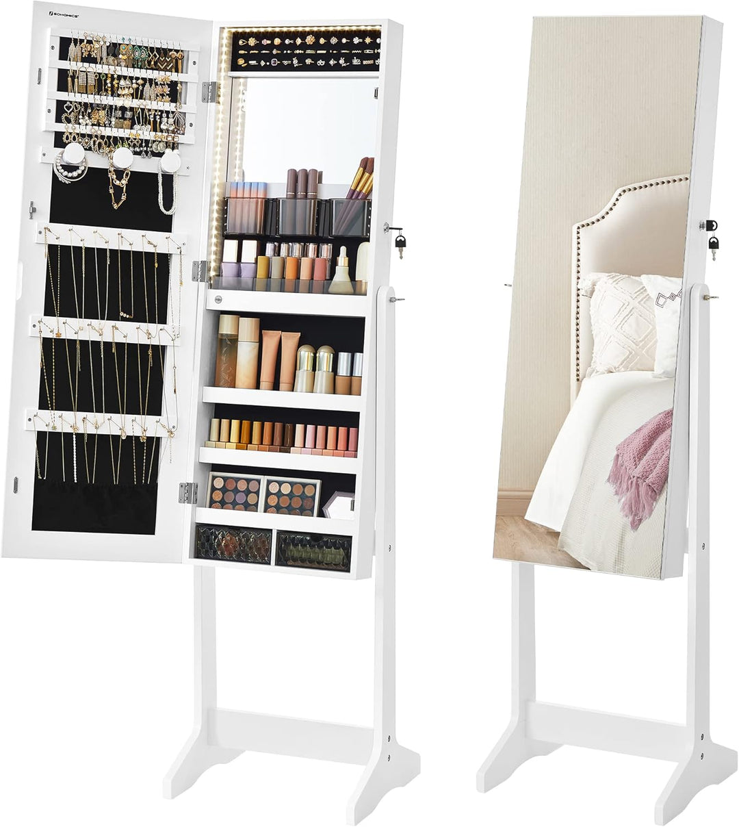 SONGMICS Schmuckschrank, Spiegelschrank, mit rahmenlosem Ganzkörperspiegel, LED-Beleuchtung, Innensp