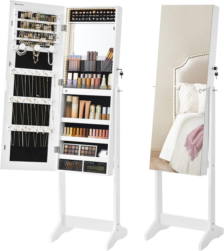 SONGMICS Schmuckschrank, Spiegelschrank, mit rahmenlosem Ganzkörperspiegel, LED-Beleuchtung, Innensp