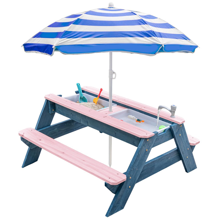 Kids 3-in-1 Sand- und Wasser-Aktivitätstisch, Holz, Outdoor, wandelbarer Picknicktisch mit Regenschi
