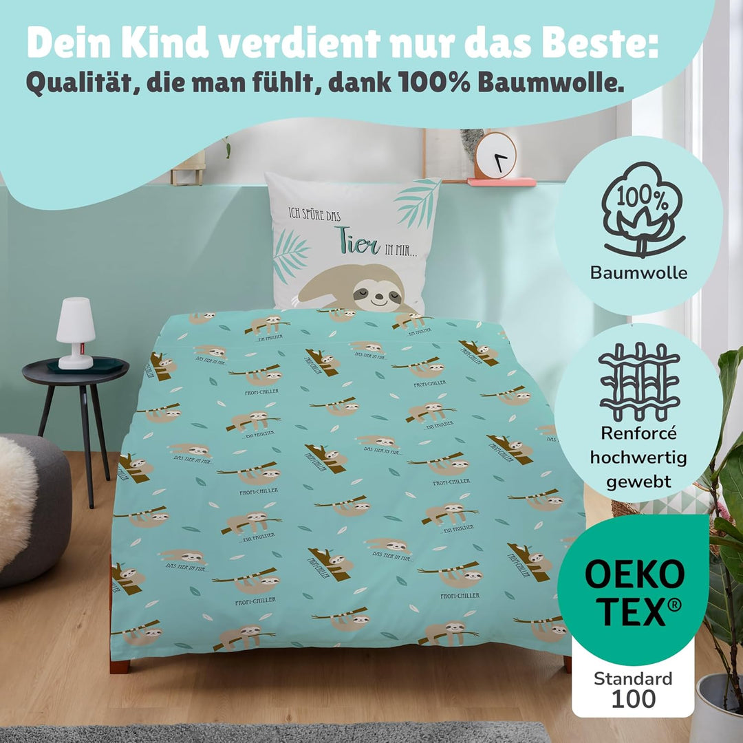 Familando Faultier Bettwäsche-Set 135x200 cm + Kissen 80x80 cm · Profi-Chiller · Kinder-Bettwäsche 1