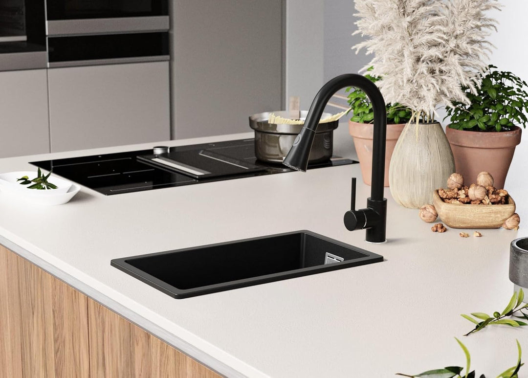 Spülbecken Schwarz 26 x 47 cm, Granitspüle + Siphon Klassisch + Küchenarmatur, Küchenspüle ab 30er U
