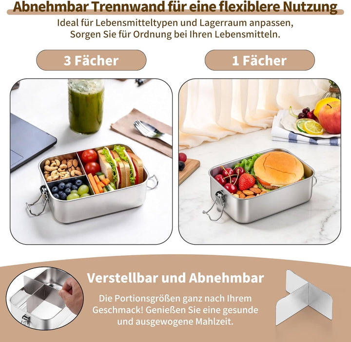 Onader Brotdose mit Fächern, 1400ML Edelstahl Bento Box mit Dressing Behälter und 1pc Abnehmbar Tren