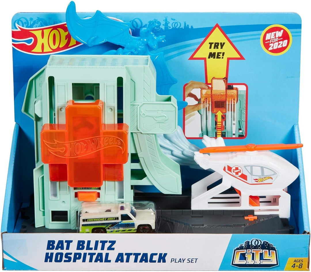 Hot Wheels GJK90 - City Bat-Blitz Krankenhausangriff Spielset zum Herumschieben und Geschichtenerzäh