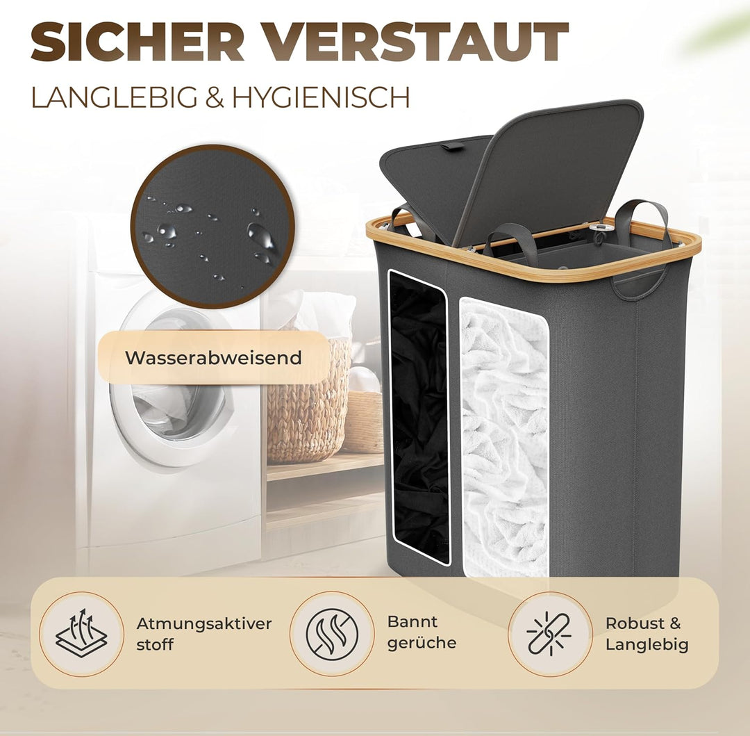 Wäschekorb mit 2 Deckel 2 Fächer 150 Liter Bambus-Stoff Grau Gross XXL - Wäschekorb Grau Dunkelgrau