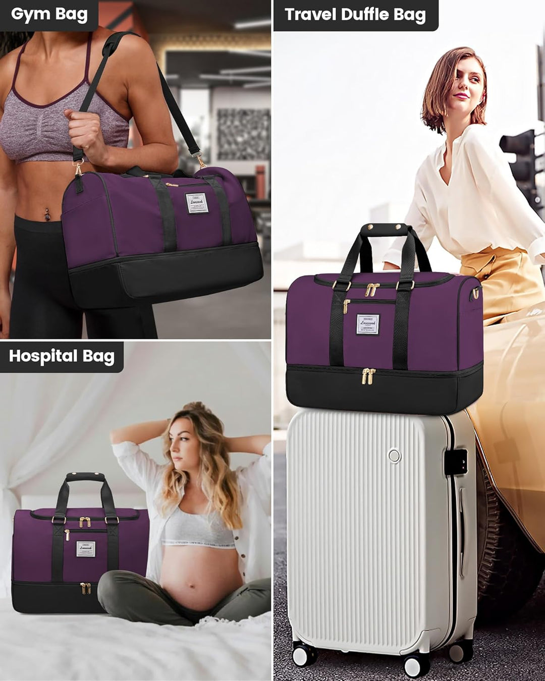 LOVEVOOK Sporttasche Reisetasche Damen, 37L Weekender mit Kulturtasche, Schuhfach & Nassfach, Sport