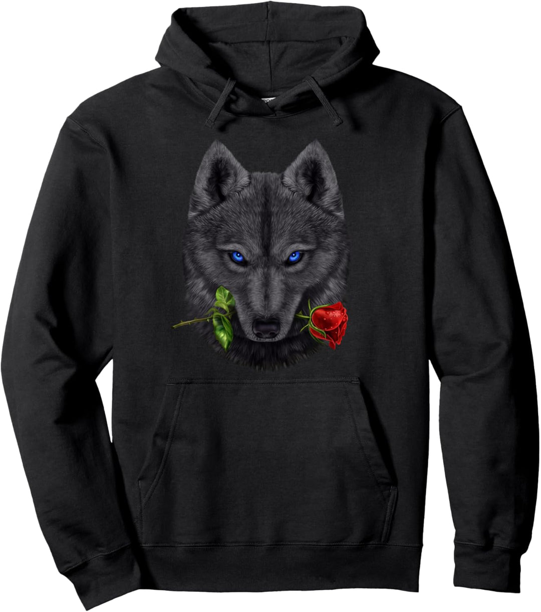 Romantische schwarzer Wolf, die auf einer Rosenblume beisst Pullover Hoodie