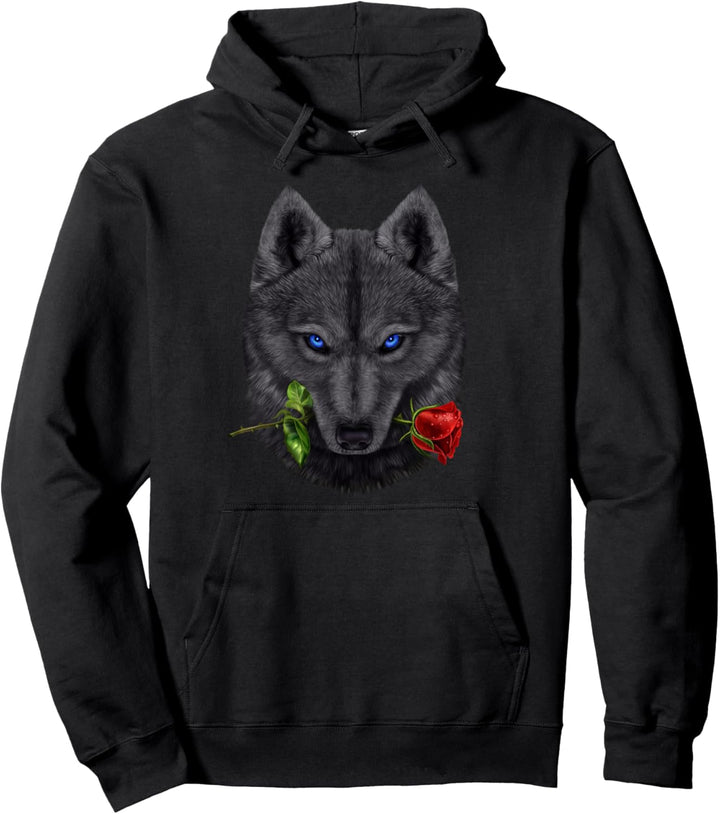 Romantische schwarzer Wolf, die auf einer Rosenblume beisst Pullover Hoodie