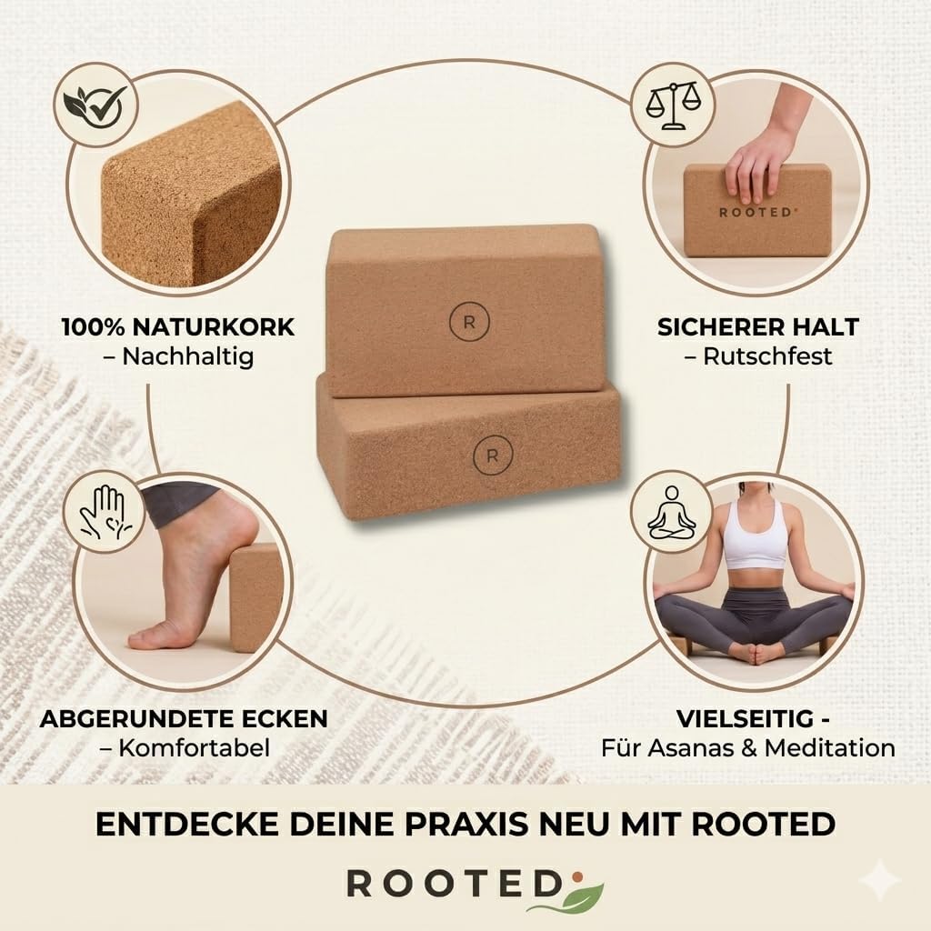 ROOTED Yogablock 2er Set Naturkork – Rutschfest, Ergonomisch & Nachhaltig, 22,5x7x12 cm Leichter Kor