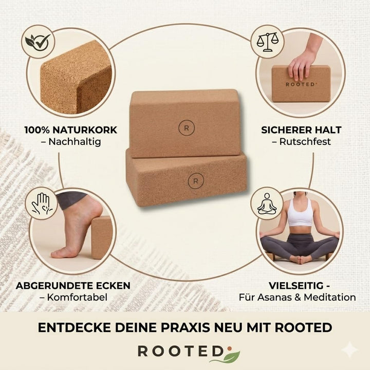 ROOTED Yogablock 2er Set Naturkork – Rutschfest, Ergonomisch & Nachhaltig, 22,5x7x12 cm Leichter Kor