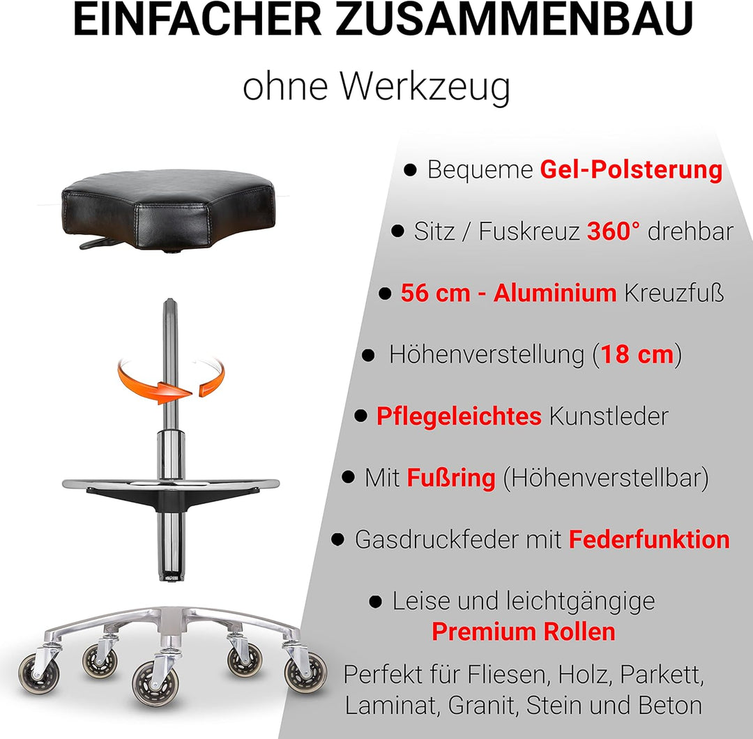 Staboos Rollhocker bis 160 kg - Ergonomisch geformter Sitz mit Rollen - Drehhocker (Premium Rollen u