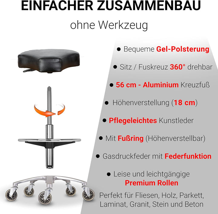 Staboos Rollhocker bis 160 kg - Ergonomisch geformter Sitz mit Rollen - Drehhocker (Premium Rollen u