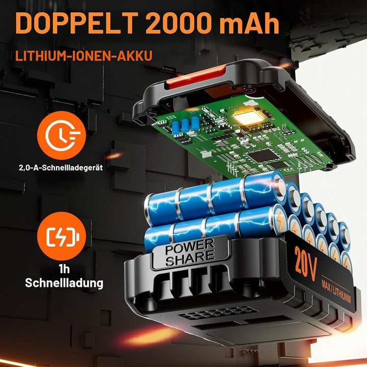 Akkuschrauber, 20V Akku Bohrschrauber Set mit 2 Akkus 2.0Ah Orange,25+1 Drehmomentstufen Akkubohrer,