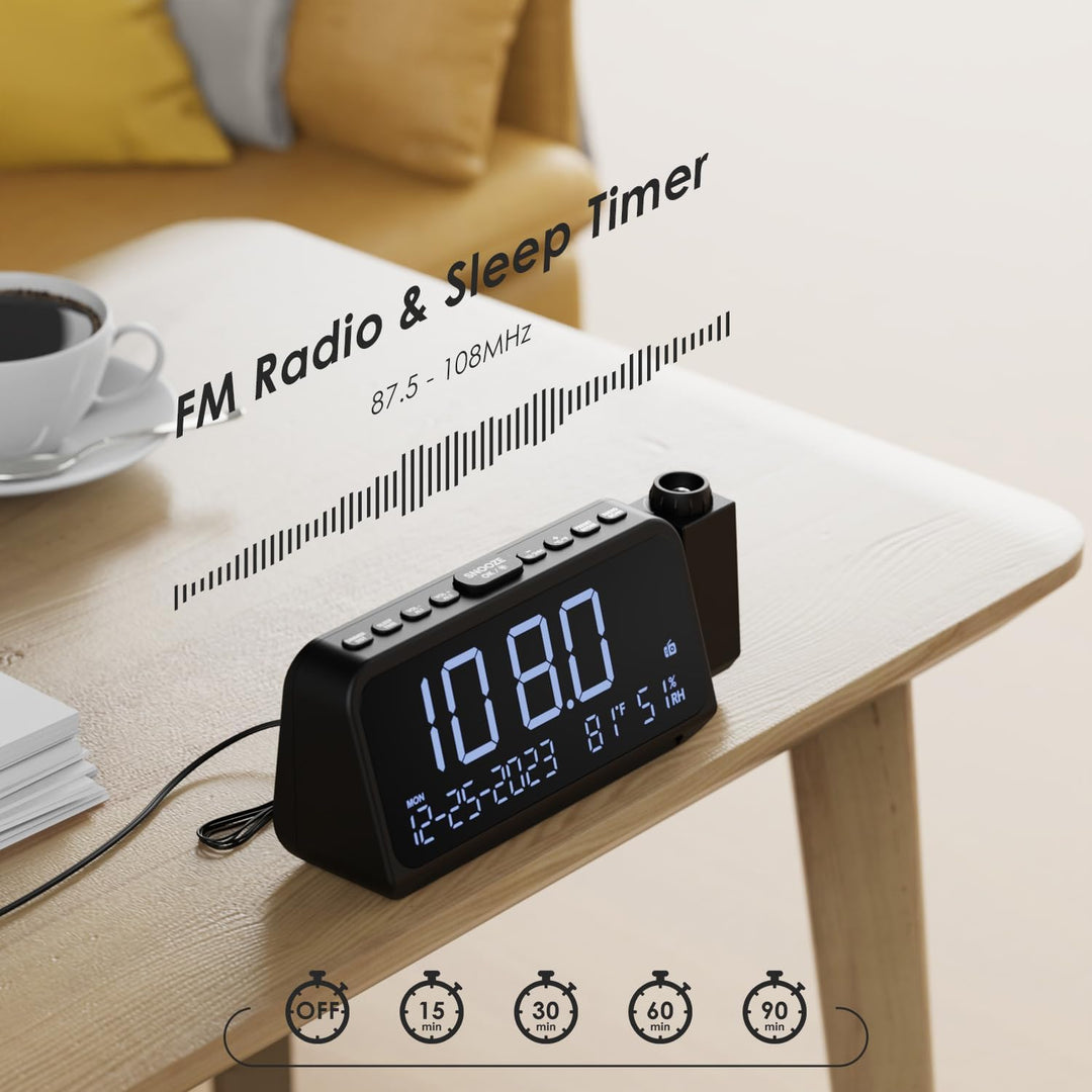 Radiowecker mit Projektion, Projektionswecker für Schlafzimmer, Typ C &amp; USB-Anschluss, Wochentag/Woc