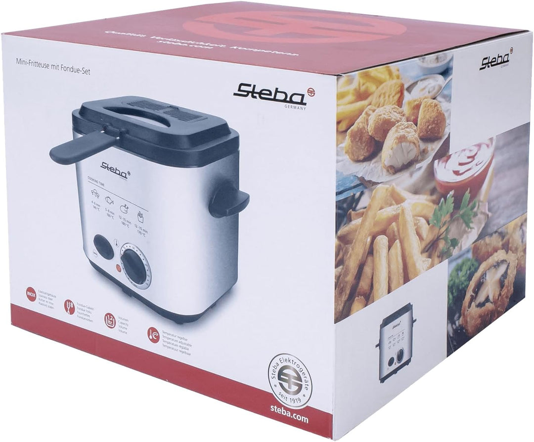Steba Edelstahl Mini-Fritteuse mit Fondue-Set 2in1 - Geruchsfilter - 1,2 Liter Volumen - 8 Edelstahl
