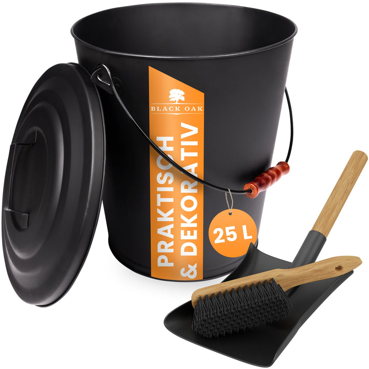 BLACK OAK Ascheeimer Santorini 25L – SET Schaufel & Besen gross 25 Liter schwarz rund mit Deckel Sta