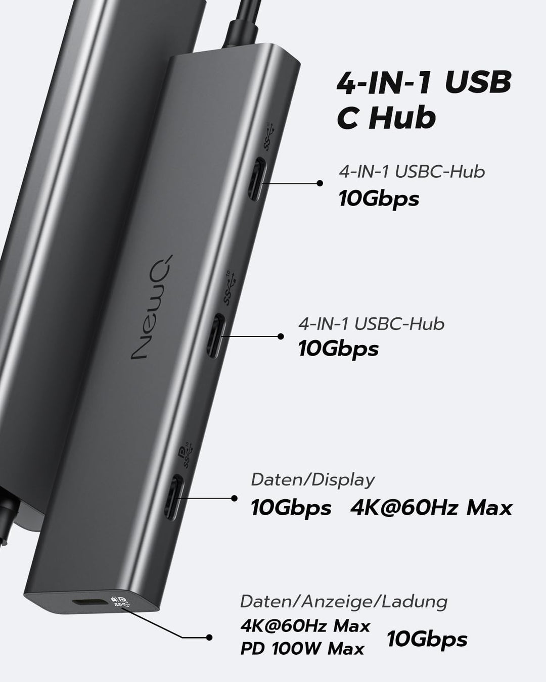 USB C Video Hub NEWQ Typ C Hub 3.2 Umkehrstrom Monitor, Dual Video Display 4K @ 30–60 Hz, 4 x USB-C