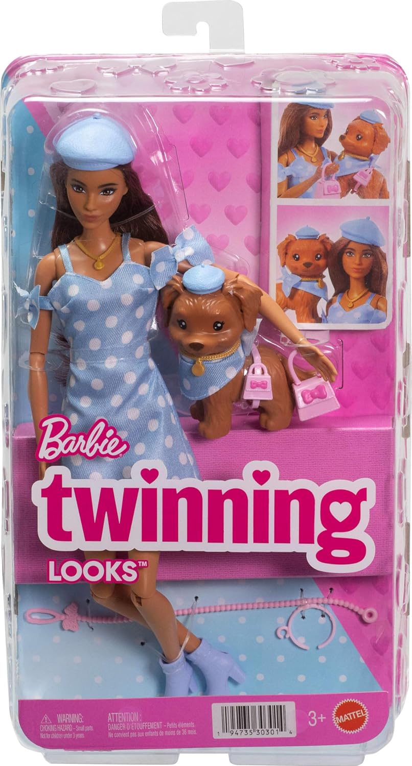 Barbie Twinning Looks Puppe mit Hündchen im Partnerlook mit blauen Pünktchen-Outfits und Accessoires