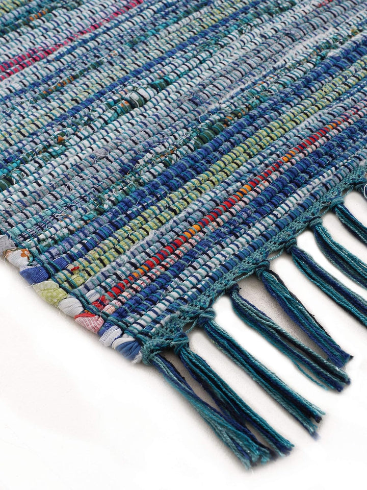carpetfine Flickenteppich Kelim Chindi Läufer Blau 60x180 cm | Fleckerlteppich aus Baumwolle für Woh