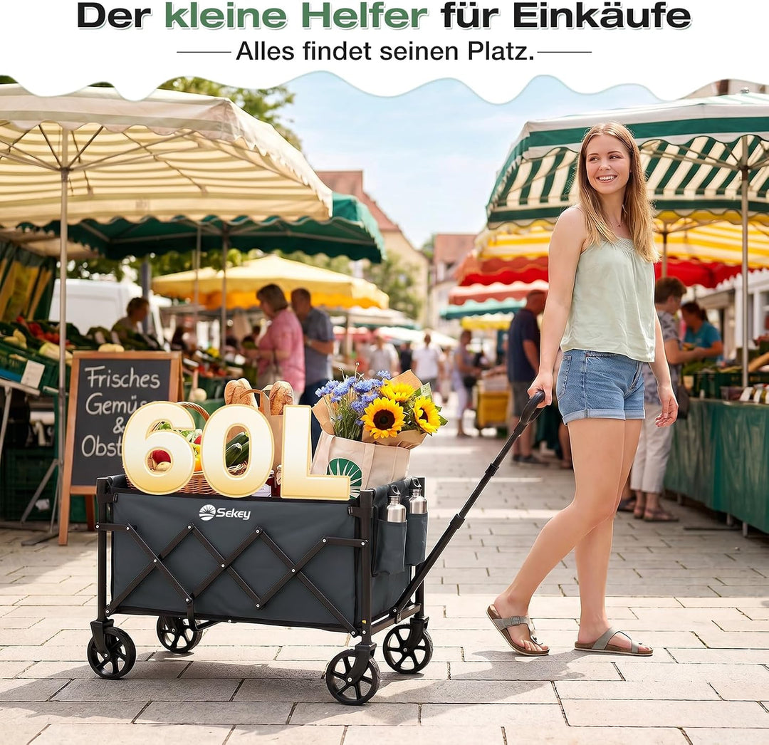 Sekey Bollerwagen Faltbar Klein 80KG, Handwagen Klappbar, Faltbarer Einkaufswagen Campingwagen mit H