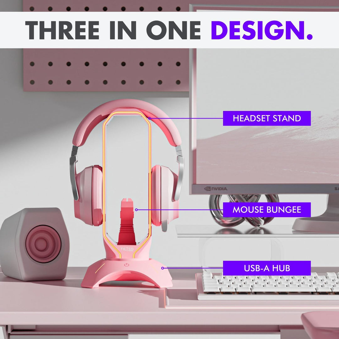 Tilted Nation RGB Gaming Headset Stand 3 in 1 rosa Kopfhörer Ständer mit Maus Bungee und 2 Port USB