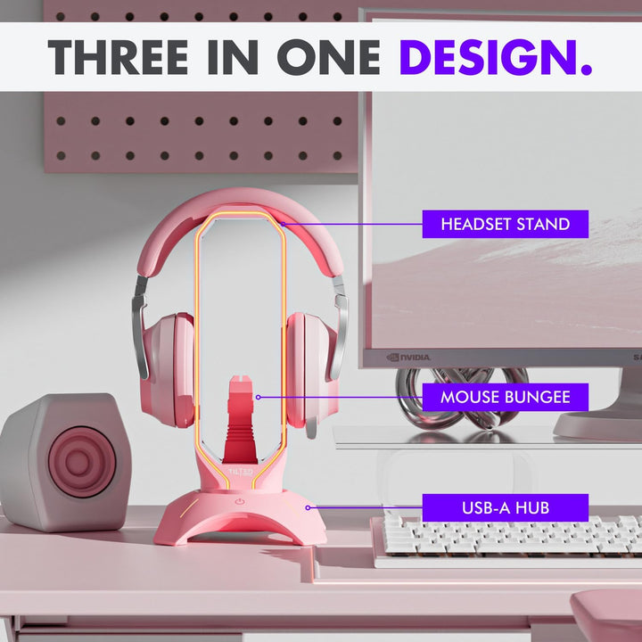 Tilted Nation RGB Gaming Headset Stand 3 in 1 rosa Kopfhörer Ständer mit Maus Bungee und 2 Port USB