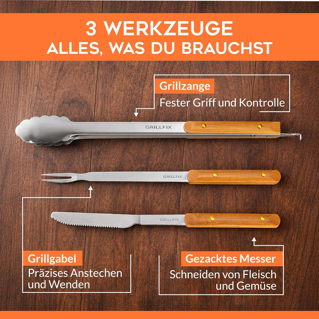 BBQ Grillbesteck Set extra lang 38cm, aus Edelstahl holzverziert | 3-teilig Geschenkset für Männer u