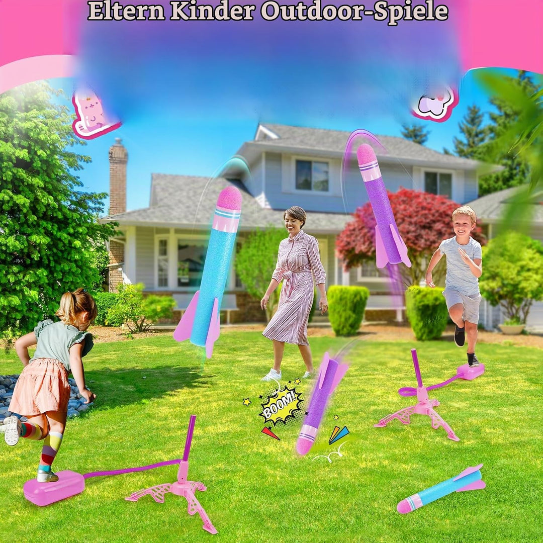 HappyGoLucky Schaumstoff Rakete Spielzeug Launcher, 4 Stück, Outdoor-Spielzeug für Kinder, Jungen un