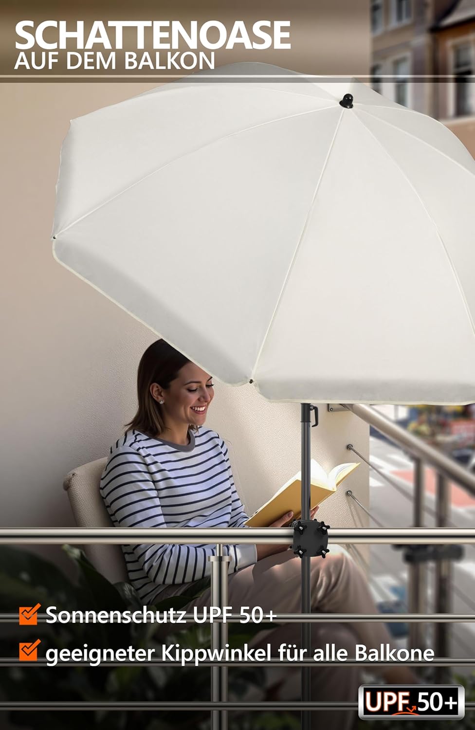 4smile Sonnenschirm Balkon SunnyJoy im 3er-Set - UPF 50+ Balkon Schirm 180 cm + Sonnenschirmhalter B