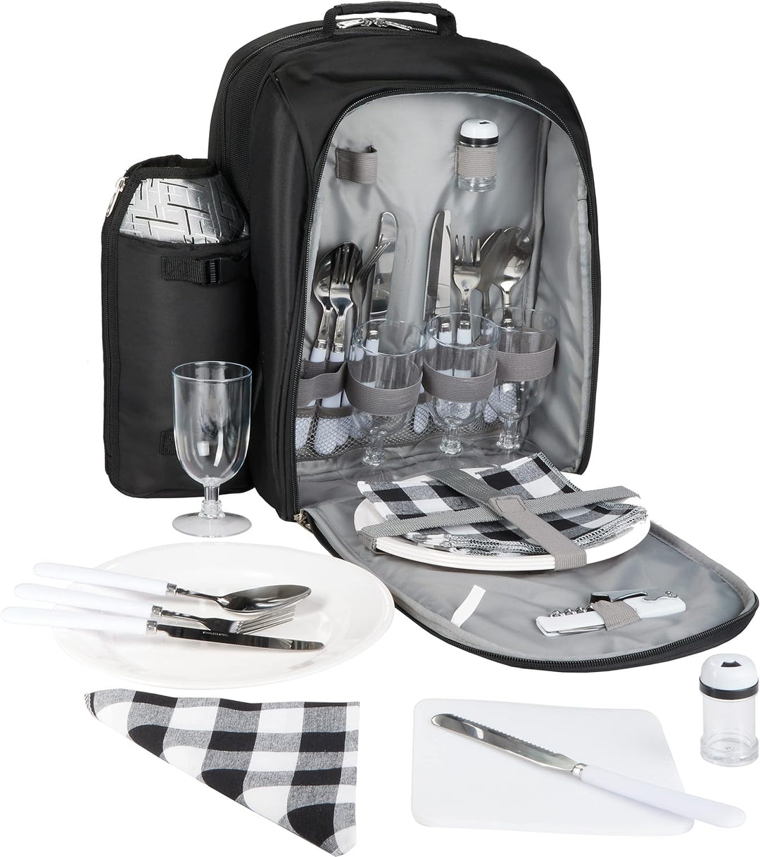 BRUBAKER Picknickrucksack für 4 Personen Schwarz Silber 27 × 38,5 × 21 cm - inkl. Kühlfach + Iso-Fla