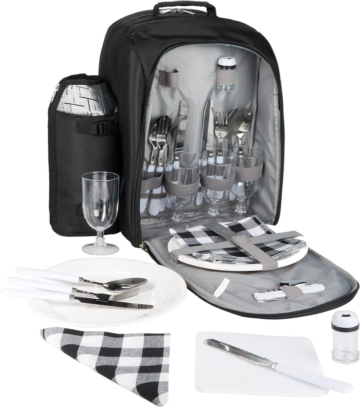 BRUBAKER Picknickrucksack für 4 Personen Schwarz Silber 27 × 38,5 × 21 cm - inkl. Kühlfach + Iso-Fla