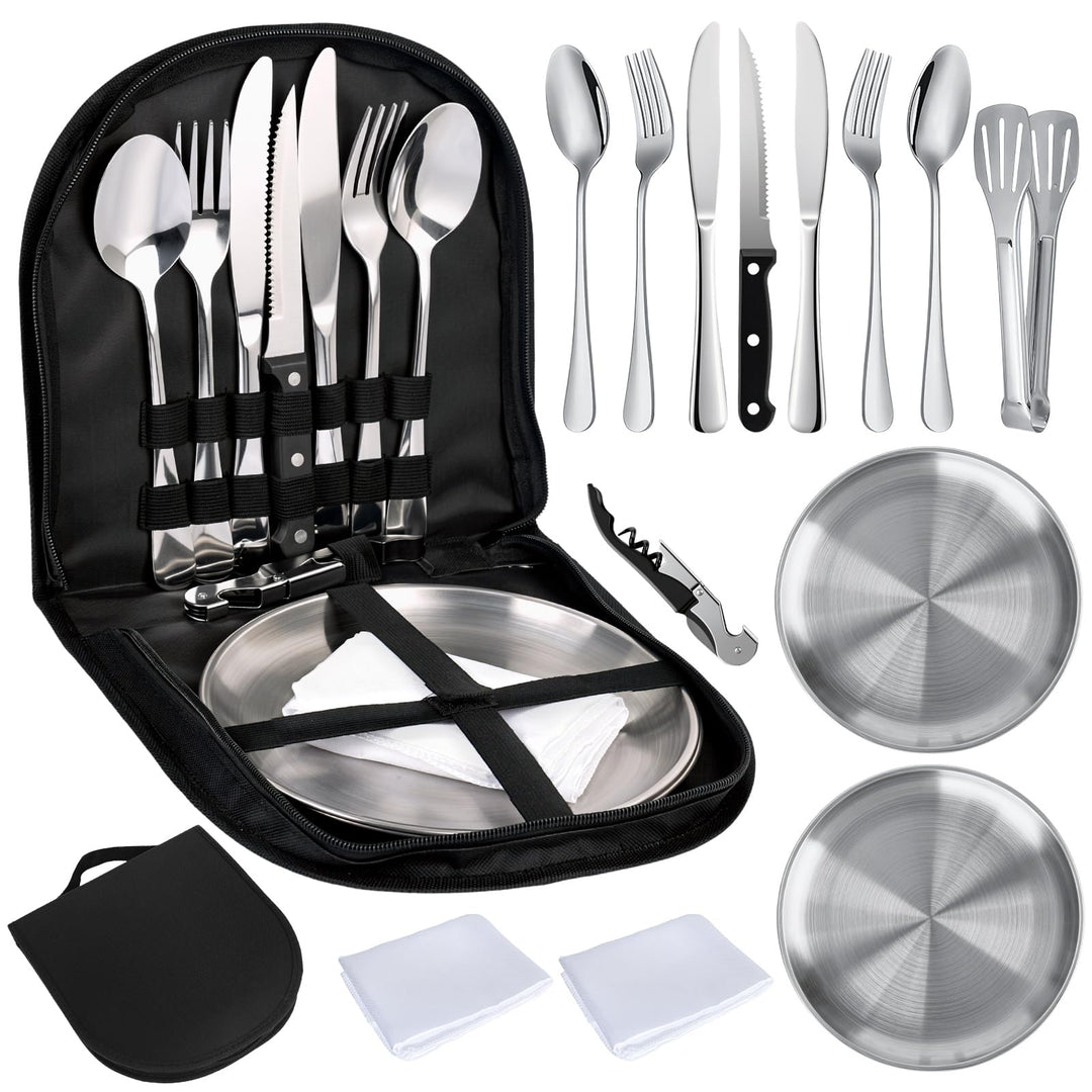 Camping Geschirr Set 2 Personen 13 Stück Tragbars Campingbesteck Set aus Edelstahl für Camping, Pick