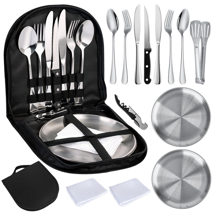 Camping Geschirr Set 2 Personen 13 Stück Tragbars Campingbesteck Set aus Edelstahl für Camping, Pick