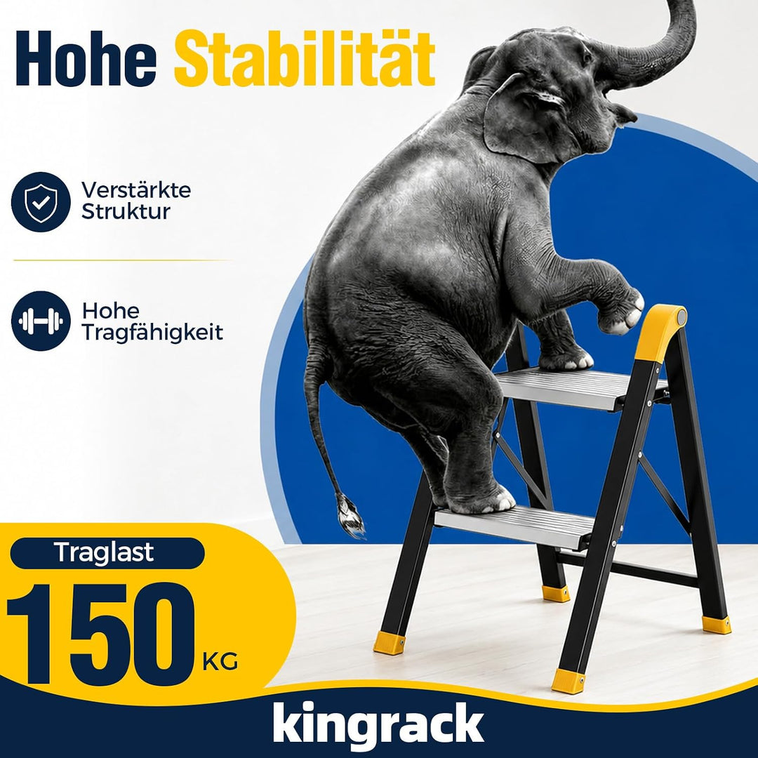 KINGRACK Trittleiter 2 Stufen Klappbar, Tritthocker aus Aluminium &amp; Stahl | Klapptritt mit Breite ru