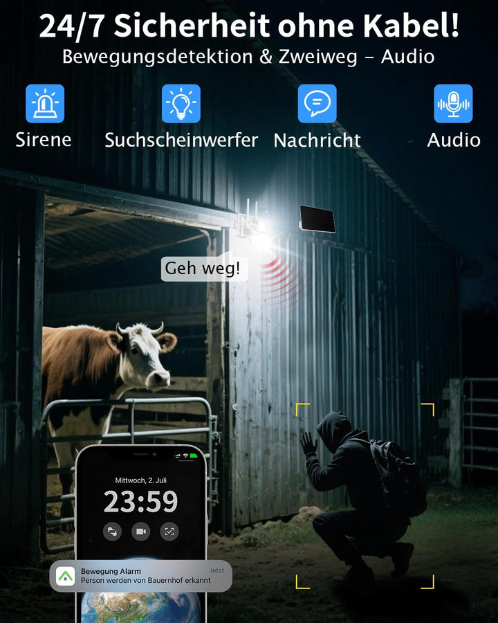 4G LTE Überwachungskamera mit SIM Karte, Outdoor Kamera mit Akku & Solar panel – 2K HD PTZ,PIR Erken