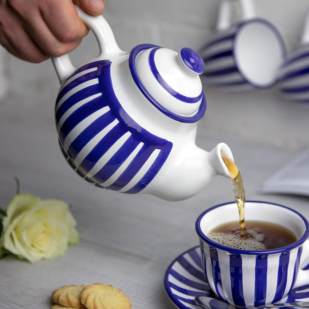 City to Cottage® - Teekanne Kaffeekanne für 2 Tassen | Blau-Weiss gestreift | Handgemacht | Teekanne
