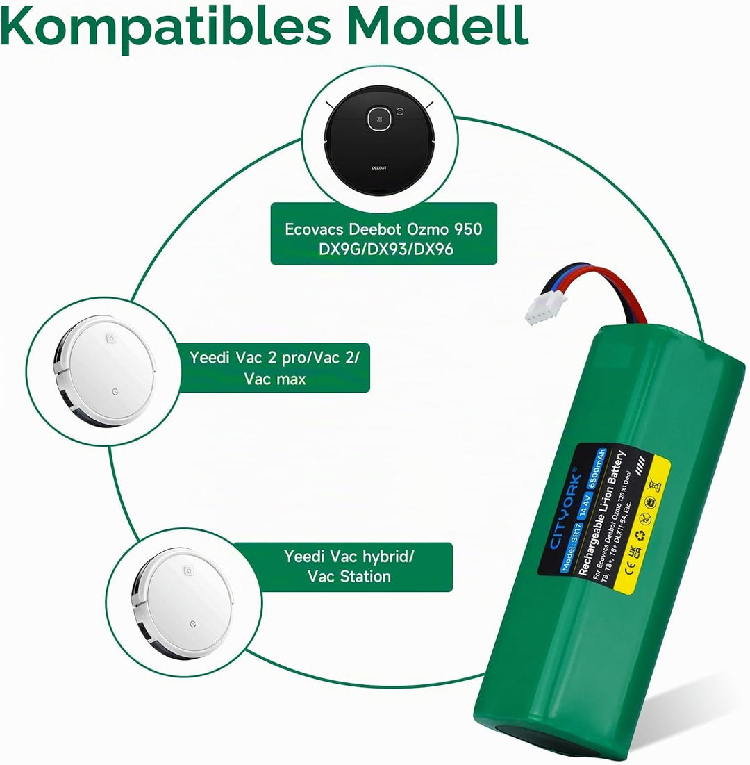 CITYORK Li-ion 6500mAh Ersatz Akku für Yeedi Vac 2 pro/Vac 2/Vac max, Akku für Ecovacs Deebot Ozmo 9