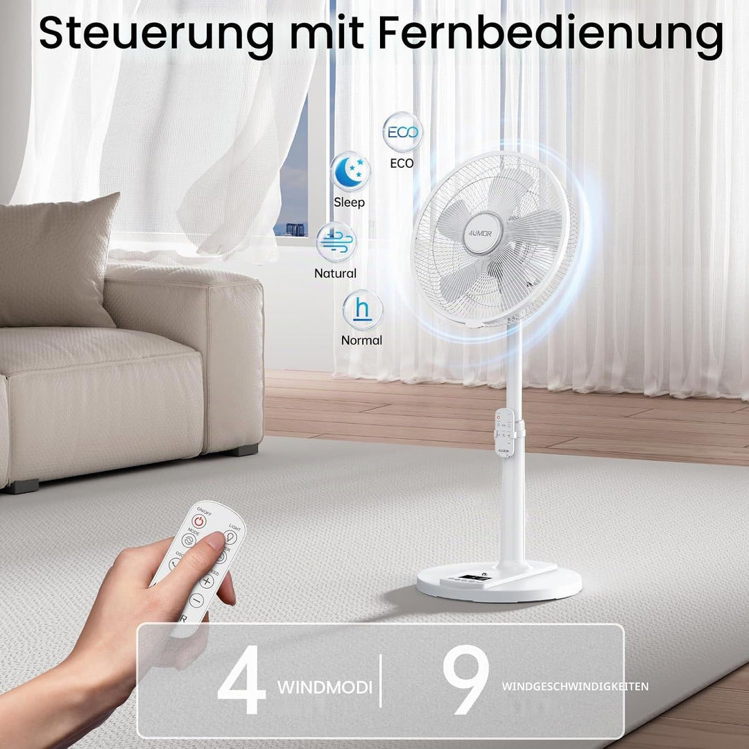4UMOR Standventilator leise 24W 20dB DC Motor 9 Geschwindigkeiten Oszillation90° verstellbar Ventila