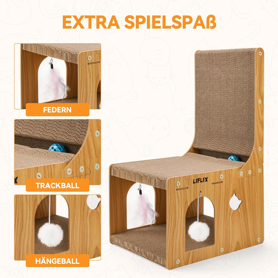 LIFLIX L-förmiges Doppelschicht Kratzbrett für Katzen, 67cm Kratzpappe mit Katzenhaus zum Kratzen Ve