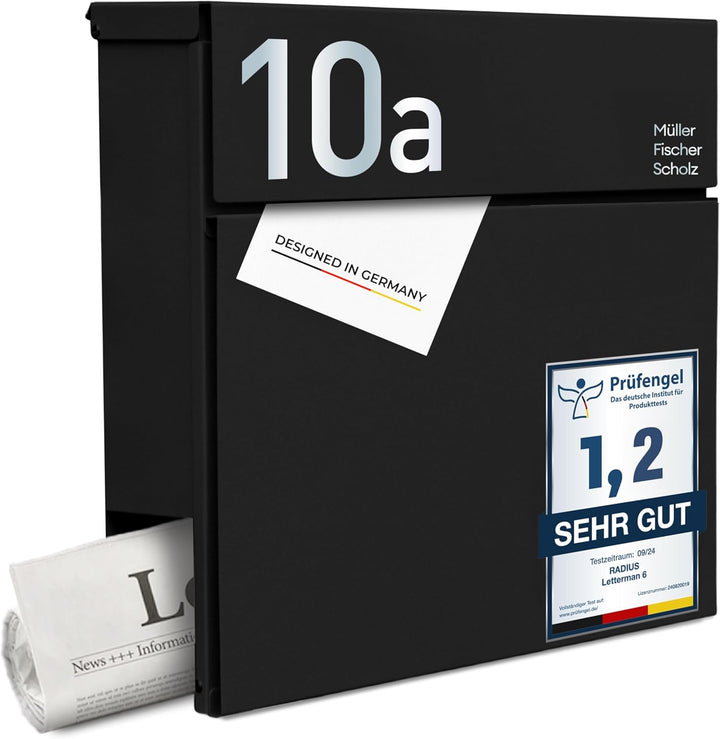 Radius® Designer Briefkasten Edelstahl - Hausnummer & Briefkasten Namensschild personalisiert mit La
