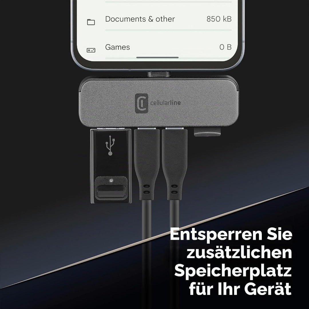 Cellularline Smartphone HUB – USB-C-Adapter mit 4 Anschlüssen (USB, 2X USB-C, Micro SD), Kompatibel