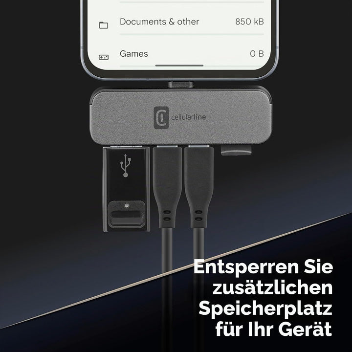 Cellularline Smartphone HUB – USB-C-Adapter mit 4 Anschlüssen (USB, 2X USB-C, Micro SD), Kompatibel