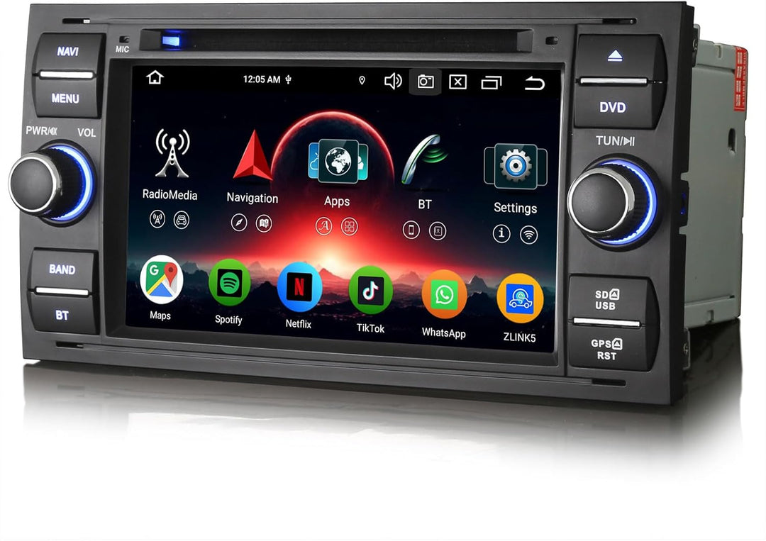 Erisin 8-Kern 4GB+64GB Android 14 Autoradio CD mit GPS Navi für Ford Fiesta Focus Transit Galaxy C-M