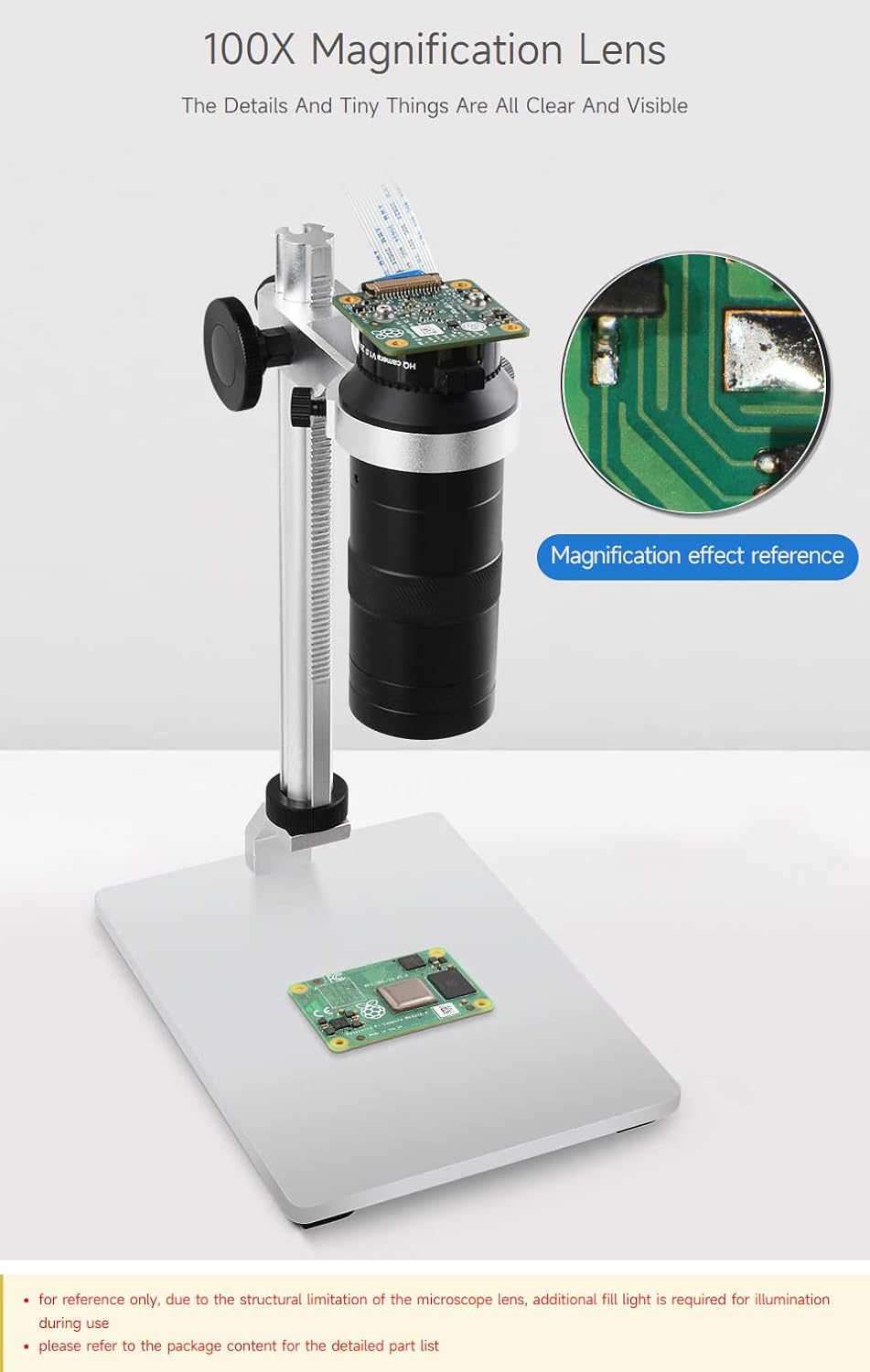 Waveshare Industrial Microscope Lens with 100X Magnification, C/CS-Mount, Compatible with Raspberry