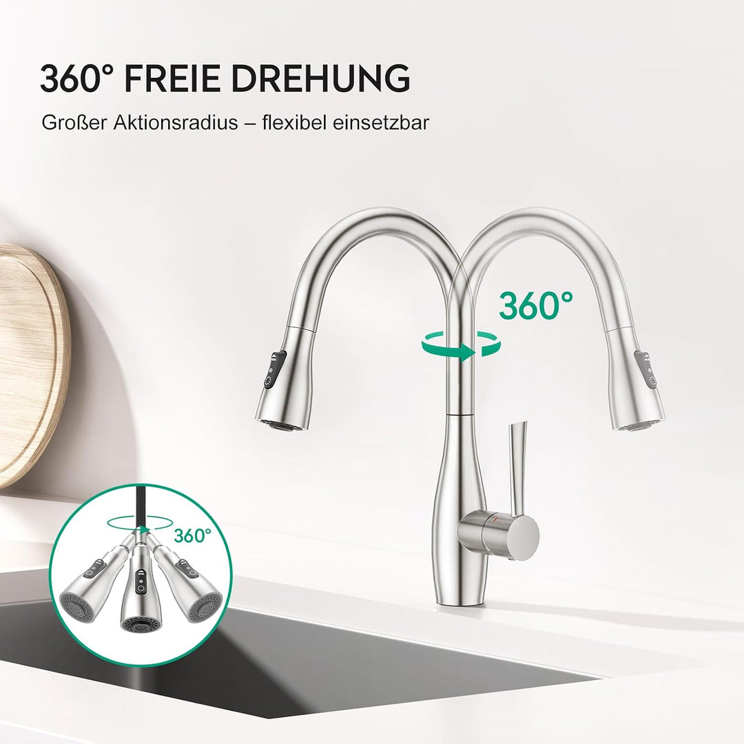 CREA Wasserhahn Küche mit 3 Funktionen Brause, Küchenarmatur mit Ausziehbarer Brause, 360° Drehbar M