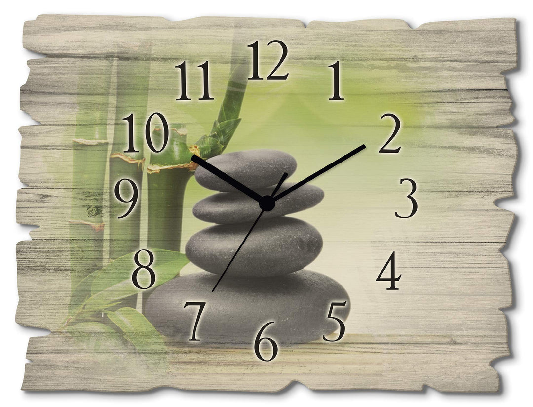 ARTLAND Wanduhr ohne Tickgeräusche aus Holz Funkuhr 40x30 cm Rechteckig Lautlos Zen Spa Steine Bambu