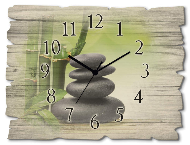 ARTLAND Wanduhr ohne Tickgeräusche aus Holz Funkuhr 40x30 cm Rechteckig Lautlos Zen Spa Steine Bambu